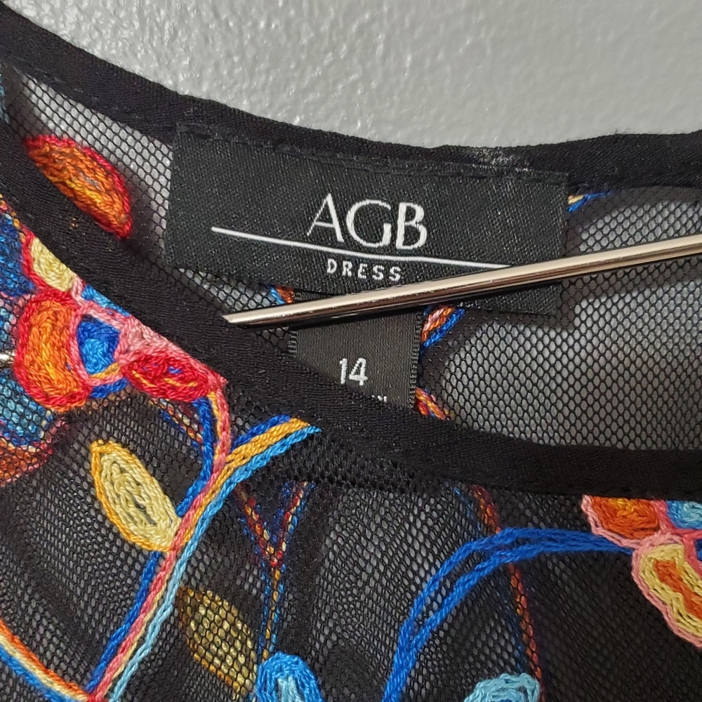 AGB Black Midi Dress with Multicolor Embroidered Floral Design Size 14 - Picture 5 of 11
